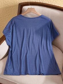 EMERY ROSE Plus Size Women Contrast Lace Batwing Short Sleeve V-Neck Casual T-Shirt - Baby Blue - View 2