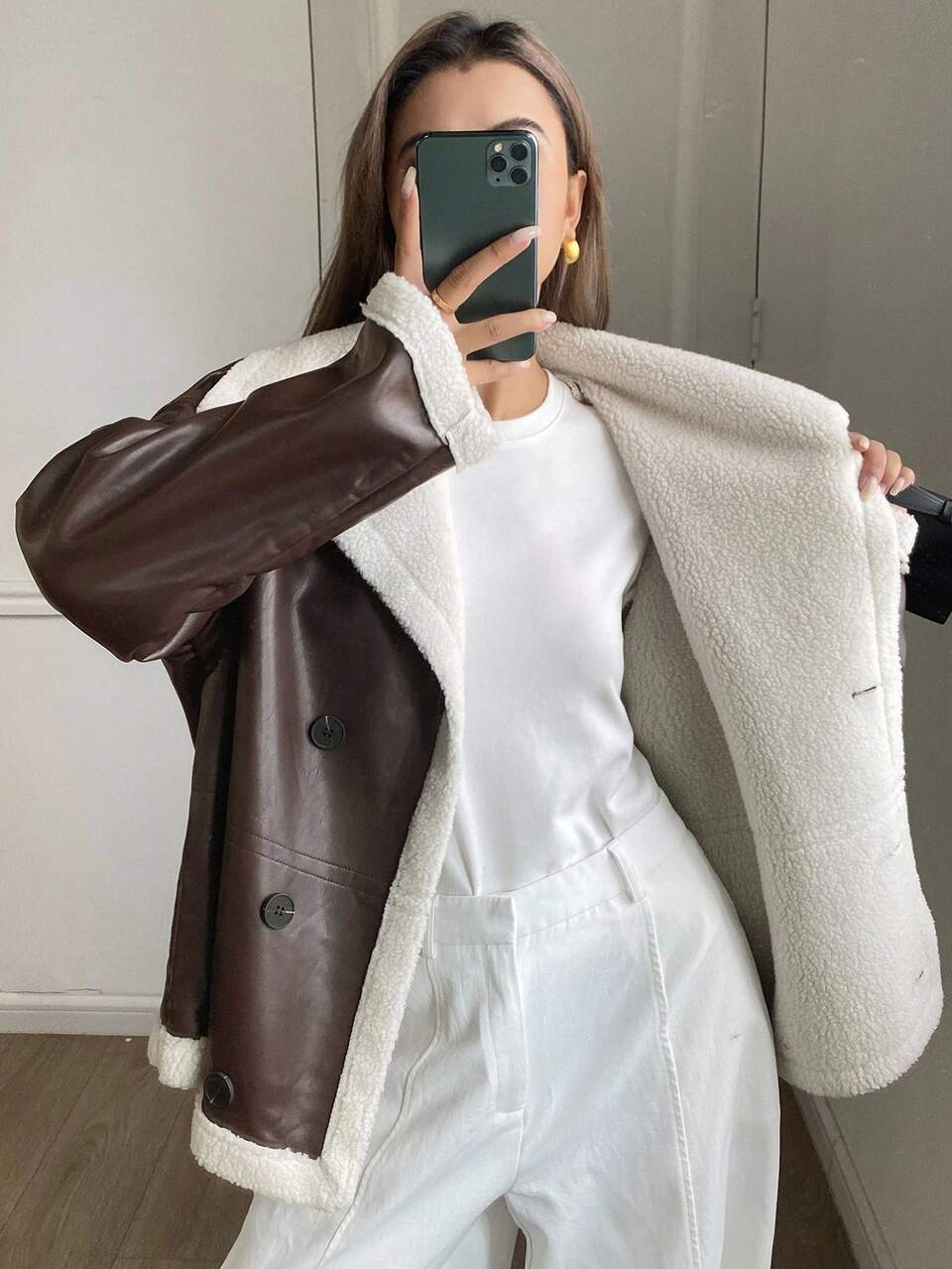 Women's Oversized Lapel Faux Shearling & PU Leather Jacket, Loose Casual Street Style Leather Coat Winter