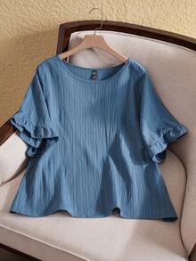 EMERY ROSE 大码女式短袖简约时尚休闲日常度假西式装夏季沙滩荷叶边衬衫 - 藍色 - 查看 1