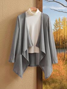 Rusticease Plus Size  Fashion Asymmetrical Collar Design Long Knit Cardigan For Going Out And Work Fall Autumn,Spring - Grey - View 1