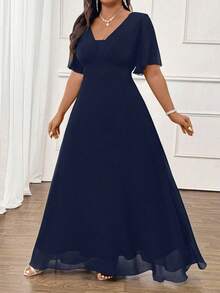 Elenzga Plus Size Elegant Navy Blue Summer Wedding Chiffon Shirred Short Sleeve Waist Tie Flared Maxi Dress,Commuter Casual Versatile Comfortable Fabric - Navy Blue - View 5
