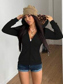 StreetHx Áo nỉ đi làm dáng ôm vừa vặn dành cho nữ, màu xám, họa tiết da báo mờ, phong cách Punk Y2K đa năng, tay dài nhẹ, thích hợp cho mùa xuân và mùa thu - màu đen - Xem 5