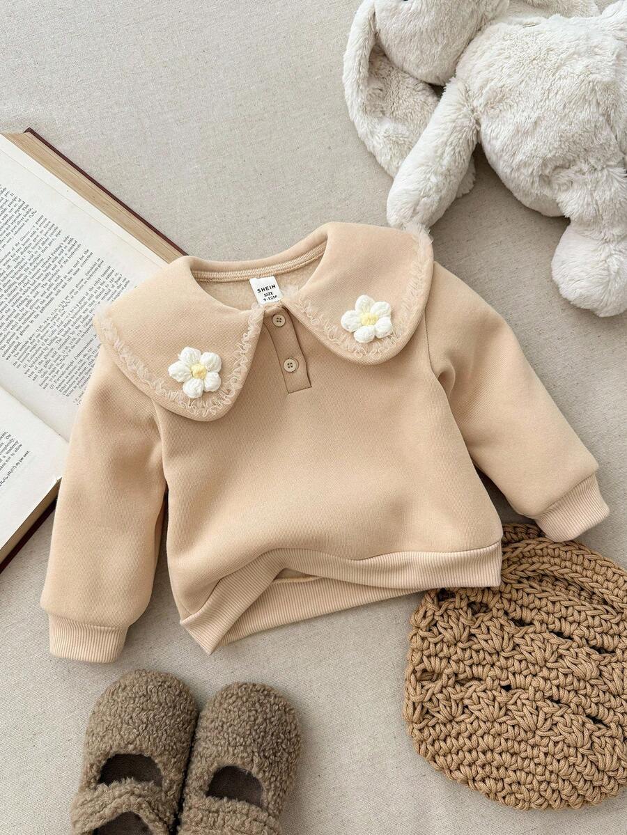 Blossori 女婴法式优雅3D花卉装饰高领毛衣 - 卡其色 - 查看 1