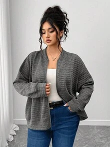 SHEIN CURVE+ Áo khoác rộng rãi có khóa kéo họa tiết cỡ lớn, mùa thu - Xám - Xem 5