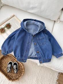 SHEIN 女婴蓝色牛仔连帽长袖夹克 - 深色水洗藍 - 查看 1
