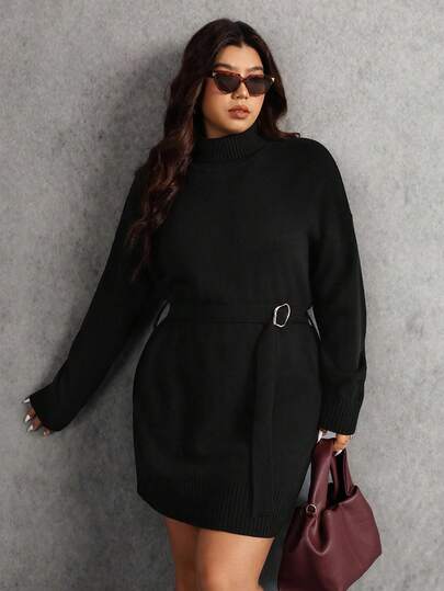 Elaquor Plus Size Women Elegant Minimalist Metal Waist Belt Loose Turtleneck Black Sweater Dress, Autumn/Winter Plus Size Black Sweater Dress Plus Size Winter Dress Plus Size Sweater Dress Plus Size Turtleneck Dress