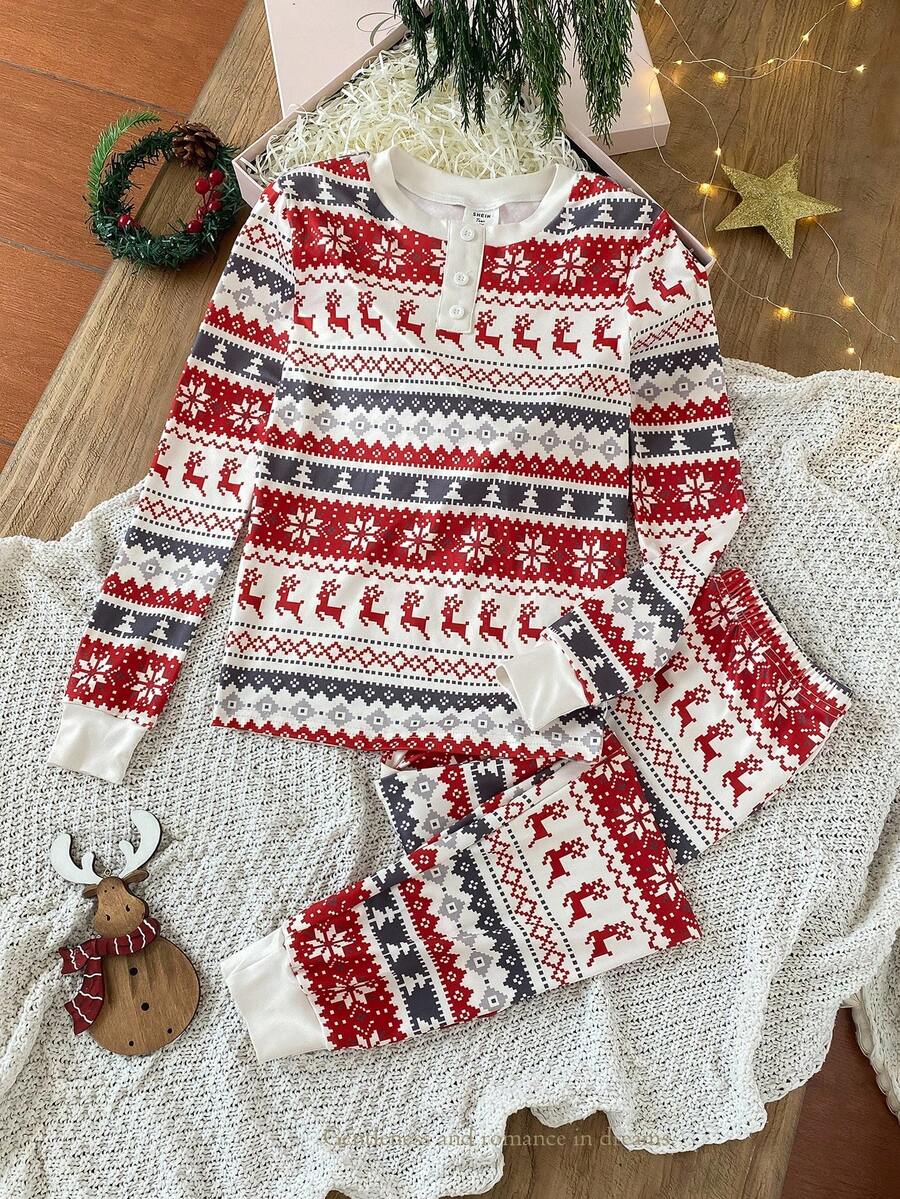 SHEIN Vintaside Kids 2 件套少女圣诞主题舒适贴身长袖上衣和裤子休闲睡衣 - 紅色 - 查看 1