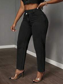 Slaydiva 大码女式不对称腰部口袋休闲锥形牛仔裤 - 黑色 - 查看 5