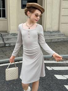Tween Girls Button Decor Long Sleeve Dress, Fashionable & Elegant School Style Fall Winter - Light Grey - View 3