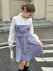 Tween Girl White Collared Button-Down Belted Dress Fall Winter - White - View 4