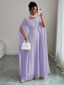 Elenzga 女士优雅法式浪漫度假风沙滩裙，雪纺透明面料，镂空领口，后背交叉系带，喇叭长裙，长袖，开衩袖口，适合下午茶、派对、中东风格、春夏季 - 紫丁香色 - 查看 4