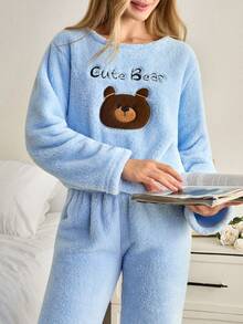 EURMUSE 女士两件套毛绒绒可爱小熊刺绣家居睡衣套装 - 藍色 - 查看 6