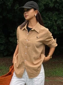 DAZY Locker geschnittenes Hemd mit besticktem Muster, Kentkragen, Langarm, Lässig Vintage Stil für Damen, Herbst/Winter - Braun - Übersicht 1