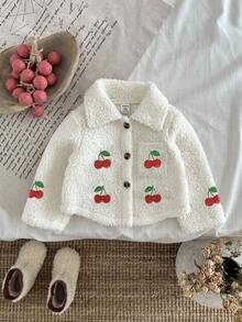 SHEIN 女婴厚羊毛刺绣花领长袖夹克，秋冬 - 白色 - 查看 5