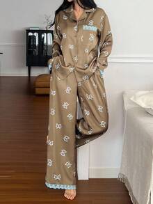 DAZY Satin Bow Print & Lace Patchwork Loose Women Pajama Set, Fall Clothes - Brown - View 5