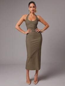 Silquee 女式纯白色露背吊带连衣裙，春夏 - 咖啡棕 - 查看 3