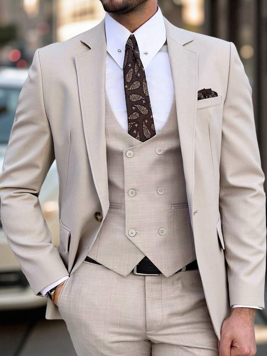 Calvornis Áo khoác Blazer nam công sở đơn giản, tay dài, sang trọng, màu be, trang trọng, vừa vặn, lịch lãm, phong cách cổ điển - Màu be - Xem 1