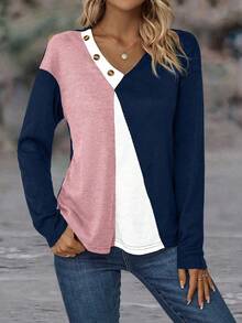 EMERY ROSE Áo thun hở vai họa tiết nút bấm phối màu dành cho nữ - Hồng - Xem 4