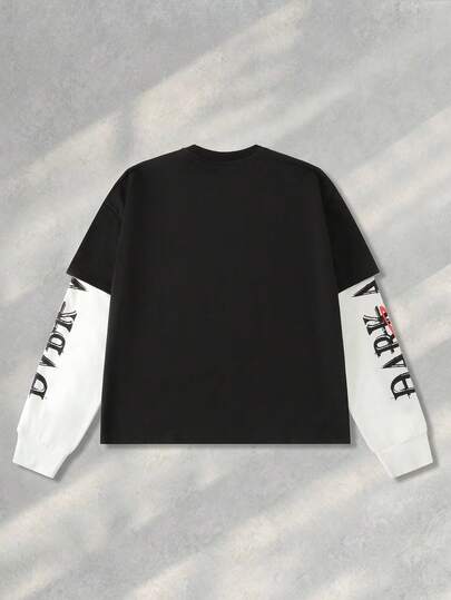 Street Life Men's Patchwork 2 In 1 Print Long Sleeve T-Shirt, Loose Cropped Style, For Fall