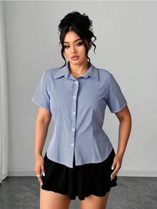 Elenzga Plus Size Casual Striped & Plaid Pattern Shirt - Blue and White - View 5