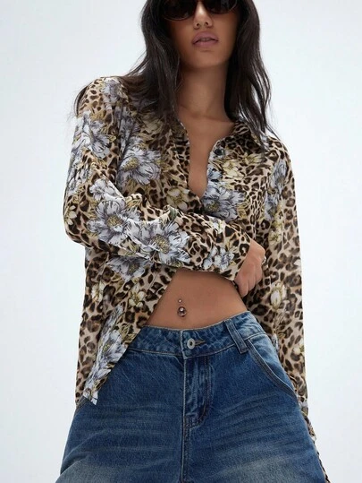 GENKIRA Blusa de manga larga de gasa con estampado de leopardo y floral para mujer