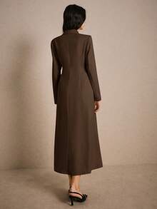 Poéselle 女式纯色翻领长袖单排扣长款休闲西装外套，秋季 - 棕色 - 查看 2