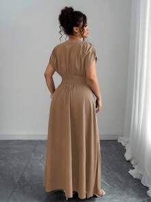 Elenzga Plus Size Women's Casual Maxi Dress With Waist Embroidery, Paisley Print, Bohemian V-Neck, Ruched Shoulder, Cinched Waist, Slimming, Elegant For Outing, Afternoon Tea, Party, Daily, Vacation