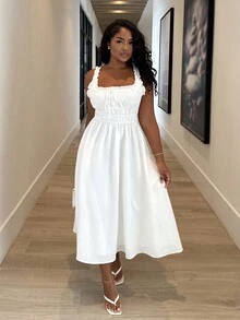 Alexandranx Đầm viền lá sen Thắt nút Nếp gấp Phần Ngực màu trơn Giải trí - trắng - Xem 7