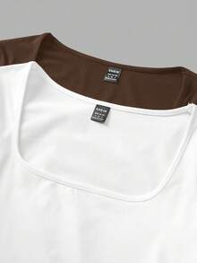 SHEIN EZwear 2 件女式方领修身长袖休闲 T 恤套装，棕色和白色，秋冬 - 彩色 - 查看 5