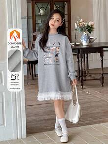 DAZY 女童圆领针织保暖内衬印花长袖连衣裙，秋季 - 灰色 - 查看 9