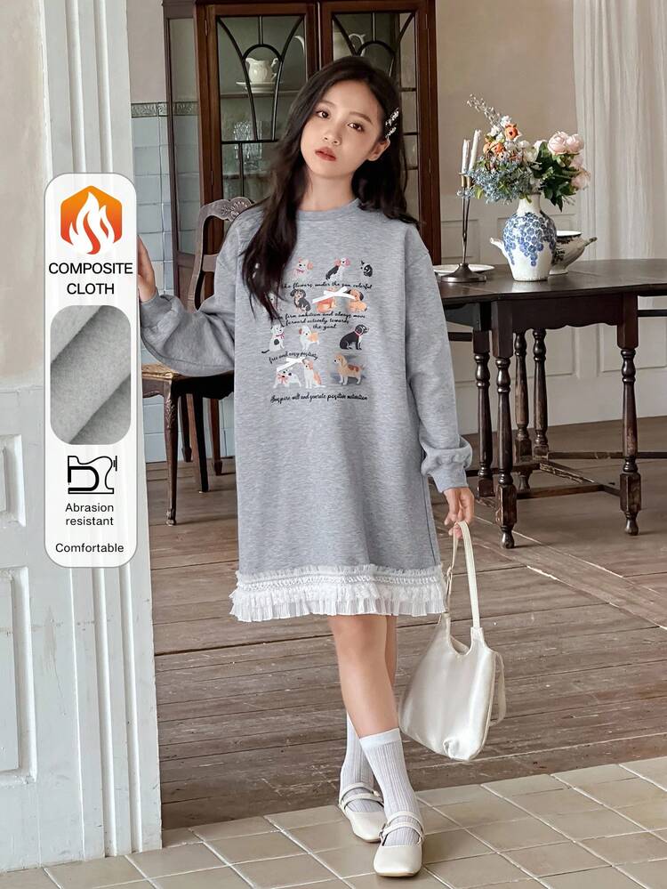 Tween Girls Crew Neck Knit Thermal Lined Printed Long Sleeve Dress, Autumn