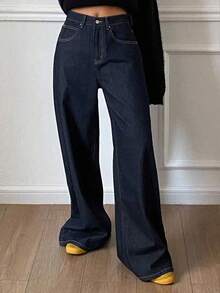 Livesso Women's Solid Color Wide Leg Loose Cargo Pocket Casual Jeans