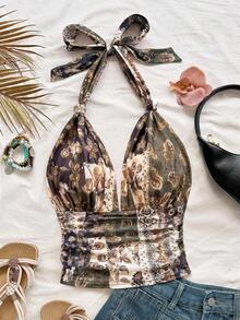 Soleia 秋季休闲女装度假沙滩印花露背吊带上衣波西米亚风佩斯利印花上衣印花上衣系带上衣 - 彩色 - 查看 1