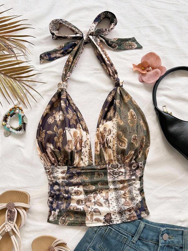 Soleia Fall Clothes For Women Casual Women Outfits Fall Outfits Women's Vacation Beach Floral Print Halter Neck Backless Top Halter Top Boho Top Paisley Print Top Floral Print Top Tie Back Top