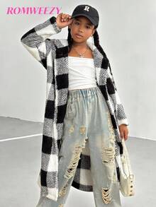 Áo khoác lông cừu kẻ caro hai mặt cho bé gái, họa tiết caro đen trắng, áo khoác ngoài ấm áp và thời trang cho phong cách đường phố mùa đông - màu đen - Xem 2