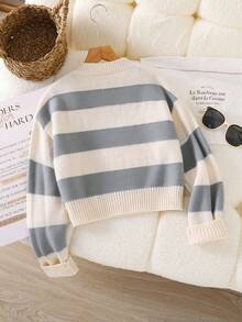 SHEIN Tween Girls Sweaters 1pc Chic Blue And White Stripe,Autumn,Casual,Holiday,Back-To-School Knit V-Neck Long Sleeve Cropped Pullover,Thick Textured Knit - Grey - View 3