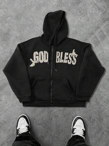 GENIUS ODE Plus Size Men's Letter & Pigeon Print Zip Front Drawstring Hoodie Sweatshirt, God Hoodie, Religious Hoodies, Hoodies Graphic Black , Fall