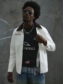 Manfinity ZONE917 Chaqueta vaquera lavada con cuello de pana de contraste, estampada, de corte slim, estilo casual urbano para hombre, primavera/otoño - Beis - Ver 6