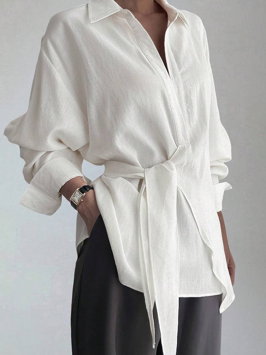 DAZY Women's Half-Placket Side Tie Pullover Casual Elegant Shirt Long Sleeve Top - White - View 1