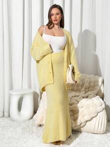 Auralis Plus Size Women Solid Color Long Sleeve Single-Breasted Knitted Cardigan And Knitted A-Line Skirt Casual Suit, Yellow Plus Size Spring - Yellow - View 4