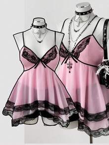 Sunspun 新款优雅外出上衣，带蝴蝶结、蕾丝边和蝴蝶结吊带背心，荷叶边下摆短款背心，女士 - 粉色 - 查看 1