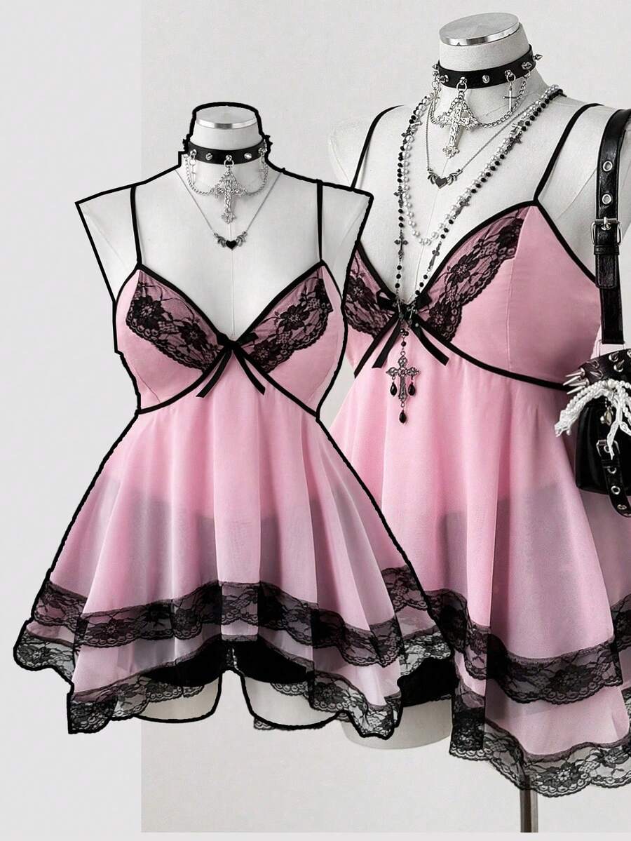 Sunspun 新款优雅外出上衣，带蝴蝶结、蕾丝边和蝴蝶结吊带背心，荷叶边下摆短款背心，女士 - 粉色 - 查看 1