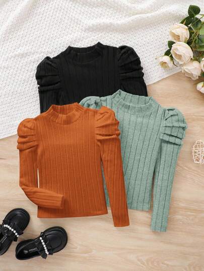 SHEIN Young Girl Young Girl' Fitted Vintage Gigot Sleeve Turtleneck 3 Pieces Set Girls Mock Neck Tops Kids Solid Color Tops Girls Long Sleeve Tops Girls Ribbed Tops Girls Puff Sleeve Tops Girls Shirts With Puffy Sleeves Girls Tight Tops Solid Color Tops Kids