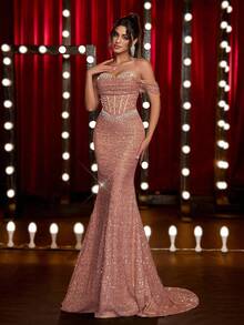 Glamrae Elegant Luxurious Champagne Elastic Beaded Sequin Ruched Mermaid Skirt, Suitable For Weddings, Parties, Vacations, Galas, Formal Occasions (Heavy Embellished) - Champagne - View 7