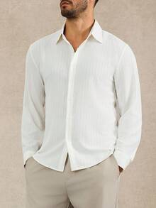 Manfinity Mode 男士休闲长袖衬衫，有领衬衫，商务休闲衬衫，纹理衬衫，奢华衬衫，优雅男士衬衫，秋季，男士商务休闲纯色纹理衬衫 - 常规版型，适合商务通勤、正式商务、休闲外出、日常聚会，非常适合秋季（分层/单独穿着），老钱风格 - 米色 - 查看 6