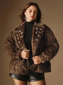 Anewsta Plus Size Women Leopard Print Beaded Padded Short Jacket, Autumn/Winter