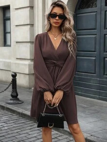 EMERY ROSE Women's Solid Color Criss-Cross V-Neck Lantern Sleeve Twist Waist Fashionable Dress