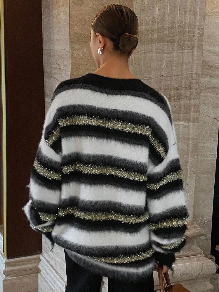 Contrast Stripe Lurex Fuzzy Loose V-Neck Long Sleeve Casual Street Style Knit Sweater For Women, Autumn/Winter
