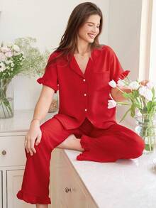 Snug Reverie Women Fashionable And Elegant Solid Ruffle Trim Top & Pants Pajama Set Lounge Set - Red - View 7