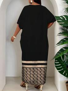 SHEIN Lady 優雅女款黑色金編織缺口領長袍洋裝，秋季大尺碼長版卡夫坦，婚禮賓客、萬聖節派對端莊達希基 - 彩色 - 查看 2